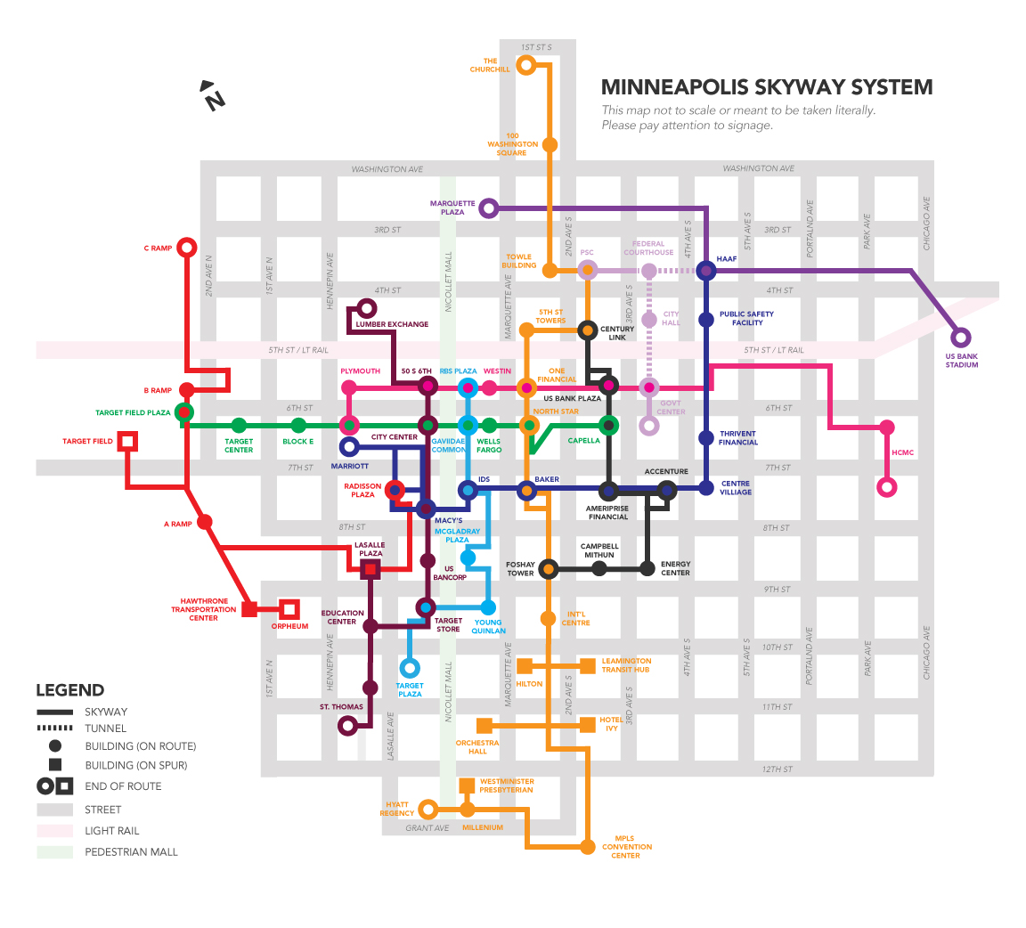 Brandon Hundt's Skyway map of Minneapolis using straight lines and grids with color coded routes