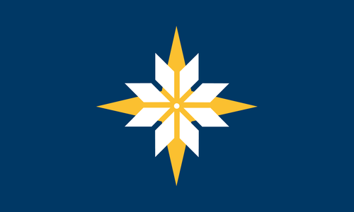 Picture of a proposed flag for Minnesota entitled “L’etoile du Nord”. Emblem of a white six-pointed snowflake over a gold four point directional star on a Dark Blue field