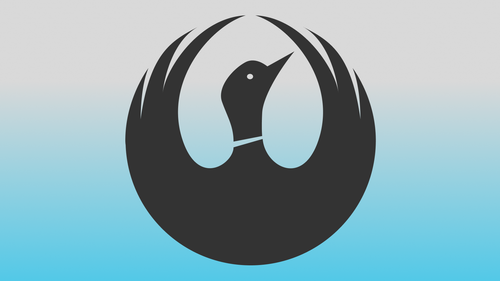An outline of a dark gray loon with stylized wings in a circle on top of a blue gray gradient