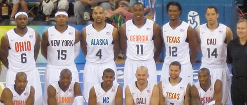 USA basketball team with their states listed on jerseys.